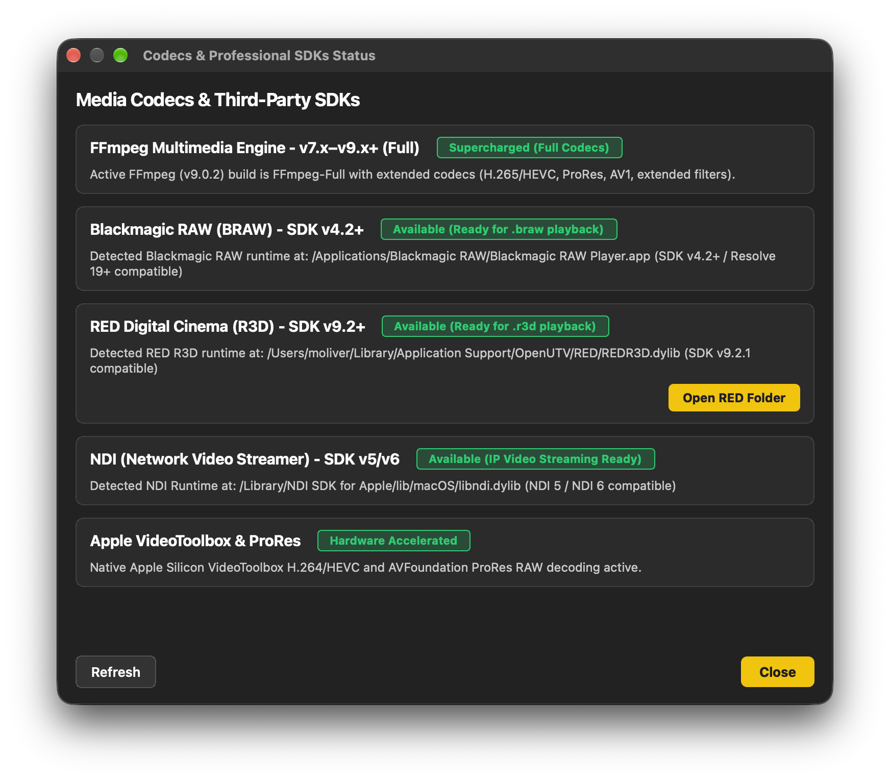 OpenUTV Media Codecs and Third-Party SDKs Status Dialog
